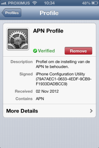 iPhone APN Configuration Profile on device